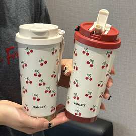 316保温杯日系高颜值小樱桃咖啡杯带提绳双饮水杯保温吸管水杯