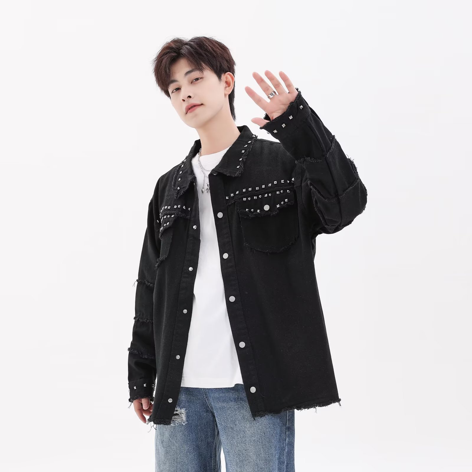 (2개) 금속 펑크 리벳 디자인 센스 데님 재킷 가을 버 하이 그레이드 블랙 재킷 유니섹스