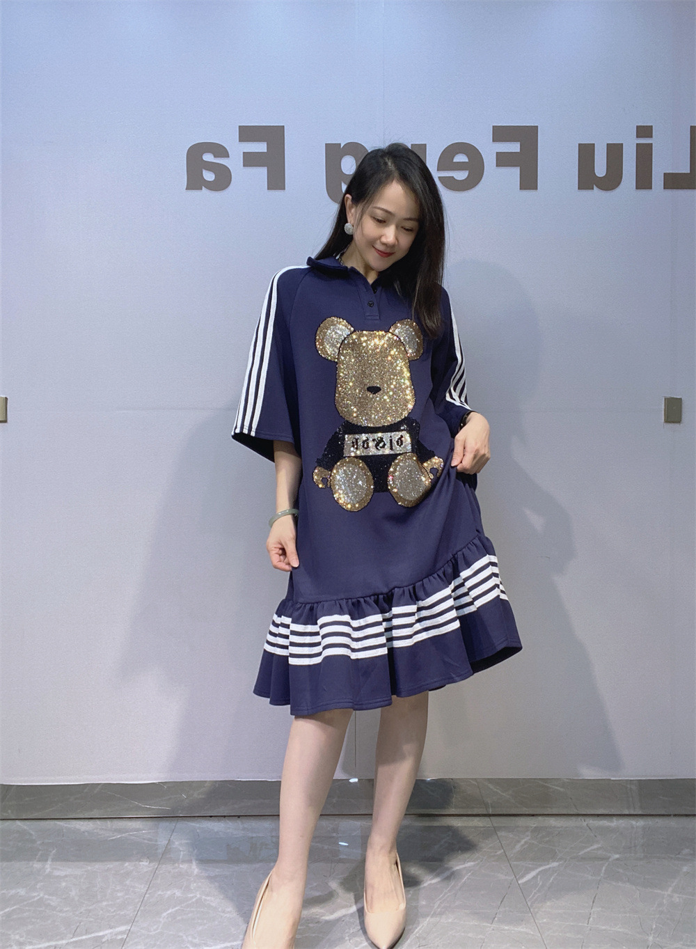 College style verano nuevo polo collar vestido grande manga corta camiseta casual falda de mujer de verano industria pesada caliente taladro grande