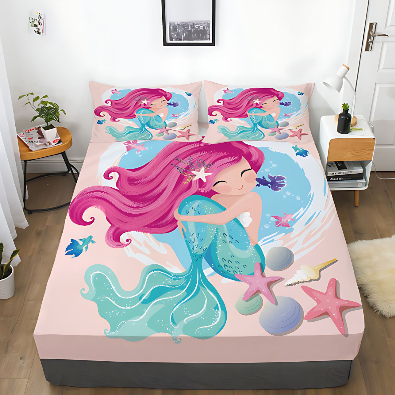 TEMU / JIT Amazonas pequeña sirena dibujos animados 3D impresión digital camas de cama de cama de cama