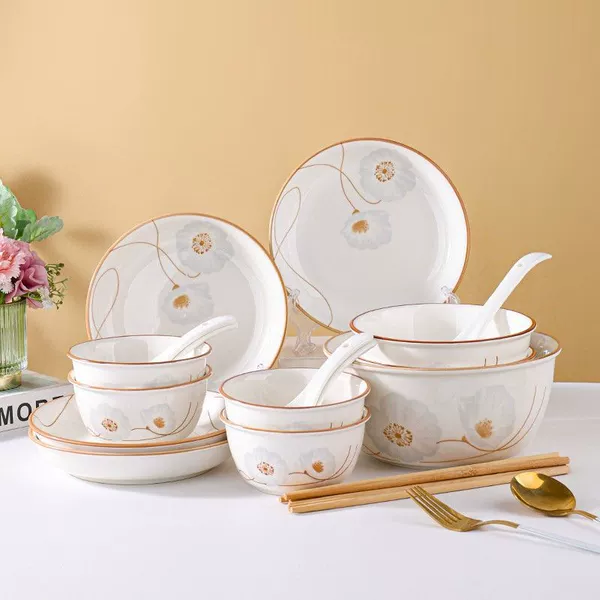 4 bowls, 4 plates, 4 spoons, 4 chopsticks, 1 soup bowl, 1 large spoon, 2 tablets, bowls