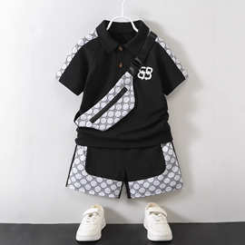 欧美跨境童装夏季男童翻领polo衫短袖套装儿童时尚帅气印花三件套