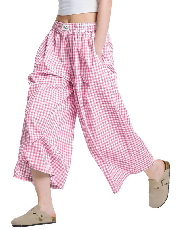 2025 アマゾンレディース麻チェック柄カジュアルパンツ女性の夏の新しいルーズスリム怠惰なカジュアルワイドレッグパンツ|undefined