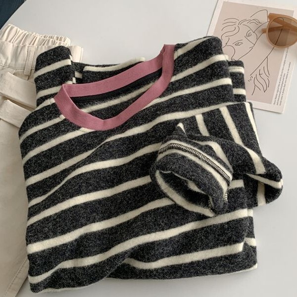 Plus-Size Lazy Style Striped Brushed Fleece Long-Sleeve Base Shirt for Women Autumn and Winter Thickened T-Shirt Top