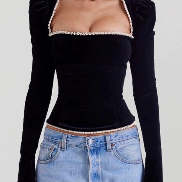 SOURCE Factory, трансграничная Внешняя торговля, женская одежда, модный бархатный топ с квадратным воротником, сексуальный топ-футболка с открытой спиной и ремешками, женская мода