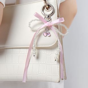 Cross-border Explosive Korean Style Sweet Light Luxury Imitation Pearl Ribbon Bow Cherry Rhinestone Love Keychain Bag Pendant