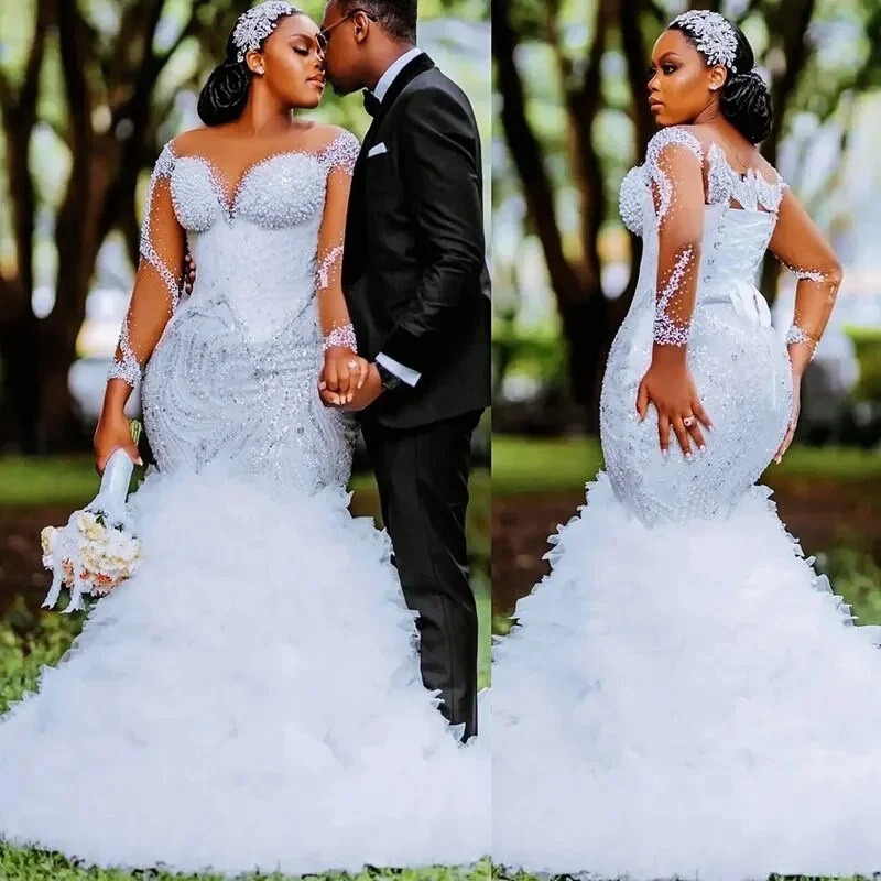 White Mermaid Wedding Dresses Sheer Beaded Sequin Layers Tulle Bridal Gowns Dress Lace Layers Long Sleeves Vintage White Mermaid Wedding Dresses Sheer Beaded Sequin Layers Tulle Bridal Gowns Dress Lace Layers Long Sleeves Vintage