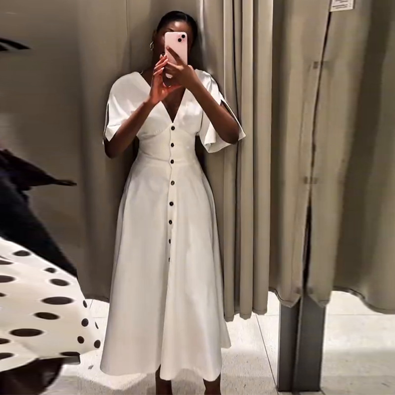 2025 新しいヨーロッパとアメリカのアマゾンクロスボーダー外国貿易婦人服 V ネックスリムウエスト白スリットスリーブドレス|undefined
