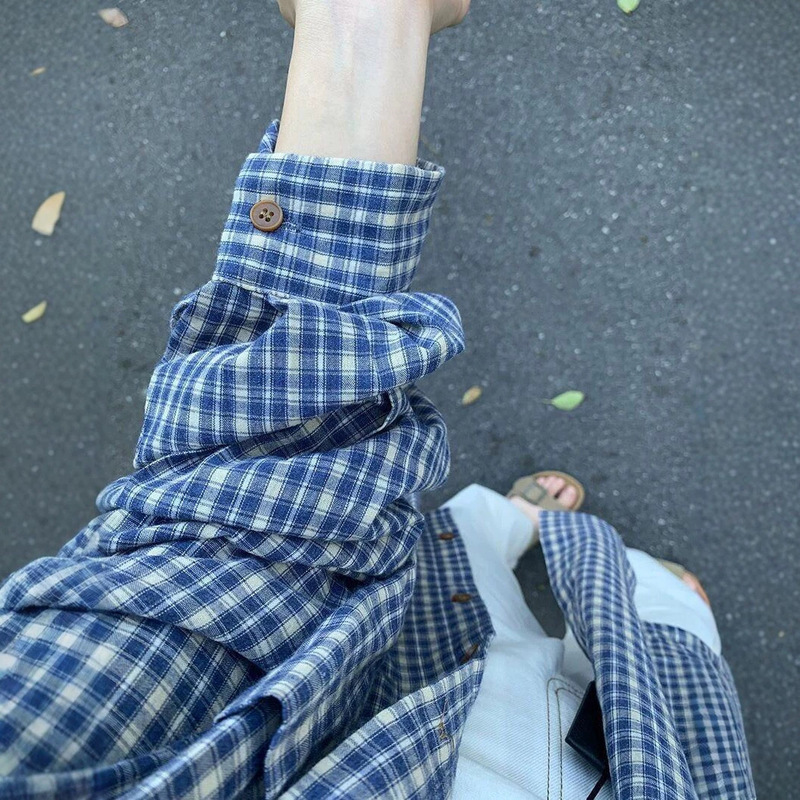 Blue plaid striped long-sleeve shirt 2026 new women's spring and autumn shirt, casual outerwear, casual jacket Blue plaid striped long-sleeve shirt 2026 new women's spring and autumn shirt, casual outerwear, casual jacket