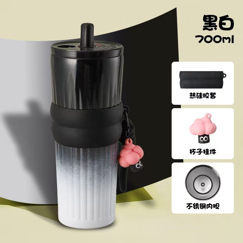 陶瓷内胆不锈钢保温杯高颜值户外车载水杯手提绳大容量直饮吸管杯|undefined