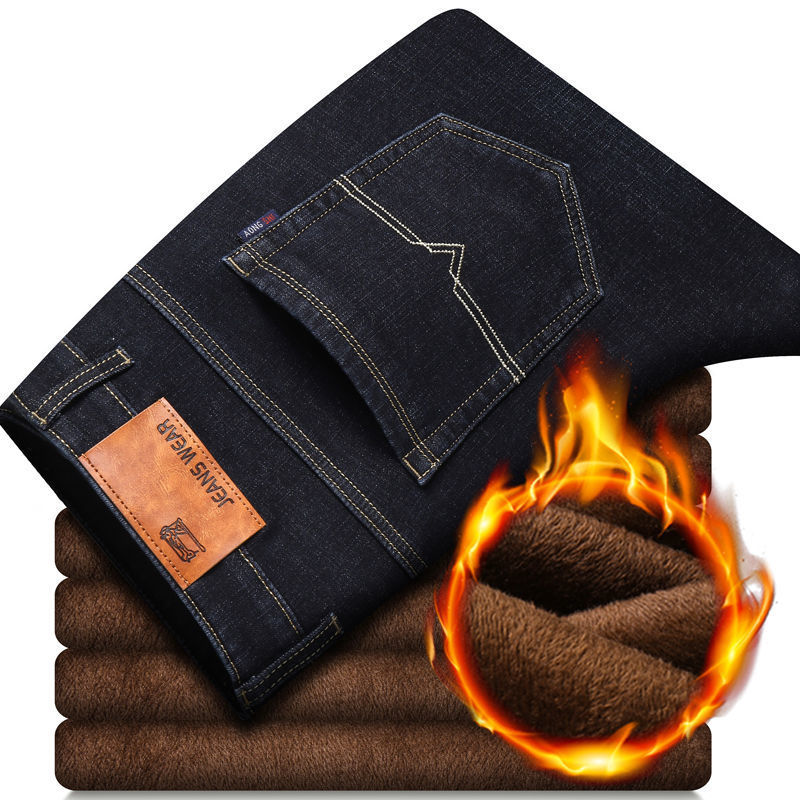 Otoño e invierno hombres más jeans gruesos de terciopelo hombres al por mayor pantalones de pierna recta sueltos de todo fósforo casuales pantalones de algodón cálidos y resistentes al desgaste hombres