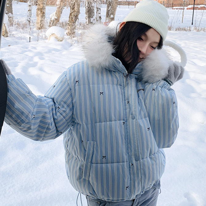 Moda coreana a rayas empalmado cuello con capuchón corto de algodón mujer invierno impresión de arco engrosado chaqueta de algodón image 3