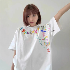 趣味卡通涂鸦白色短袖t恤女夏季2025新款oversize设计感小众上衣