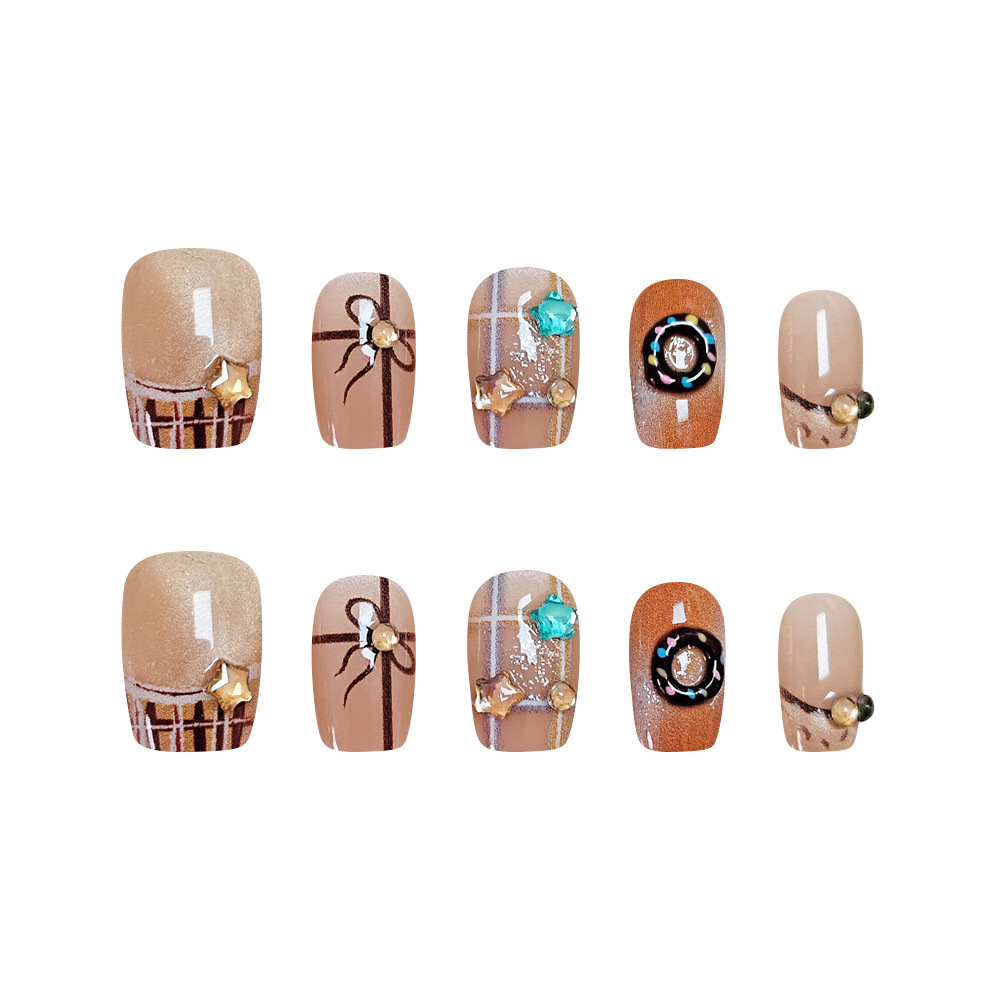 Arco a cuadrillas para usar uñas cortas, donut de diamante de estrella, manicura exquisita, 10 piezas de manicura falsa de ojo de gato.