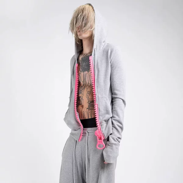European and American Cross-Border Wholesale Personalized Large Zipper Color-Block Slim-Fit Skinny Hooded Sweatshirt Casual Solid Color Wholesale