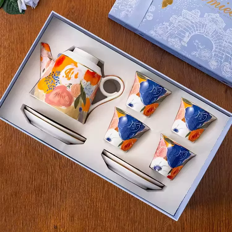 法式轻奢描金花草茶具套装油画水彩高颜值茶壶咖啡杯碟一壶四杯碟