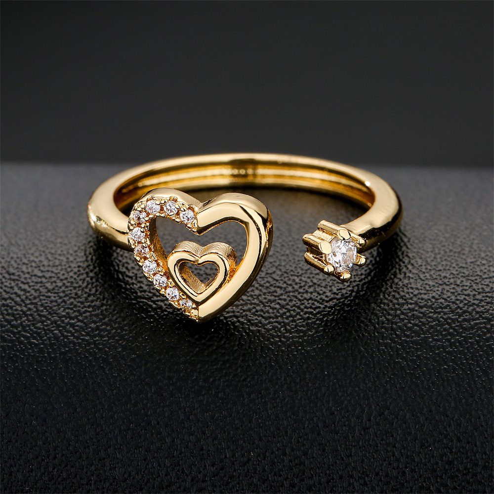 خاتم بتصميم بسيط مطلي بالذهب عيار 18 قيراط على شكل قلب خاتم مفتوح من الزركون display picture 2