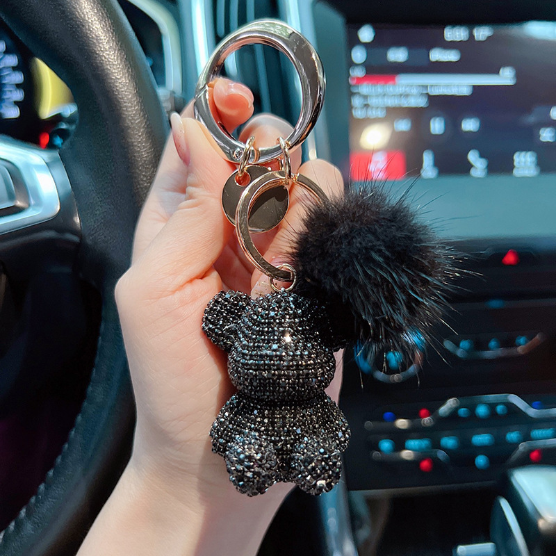 Nuevos productos de moda lindos viento gran botón redondo visón completo diamante osos llavero creativo pareja llavero colgante regalo