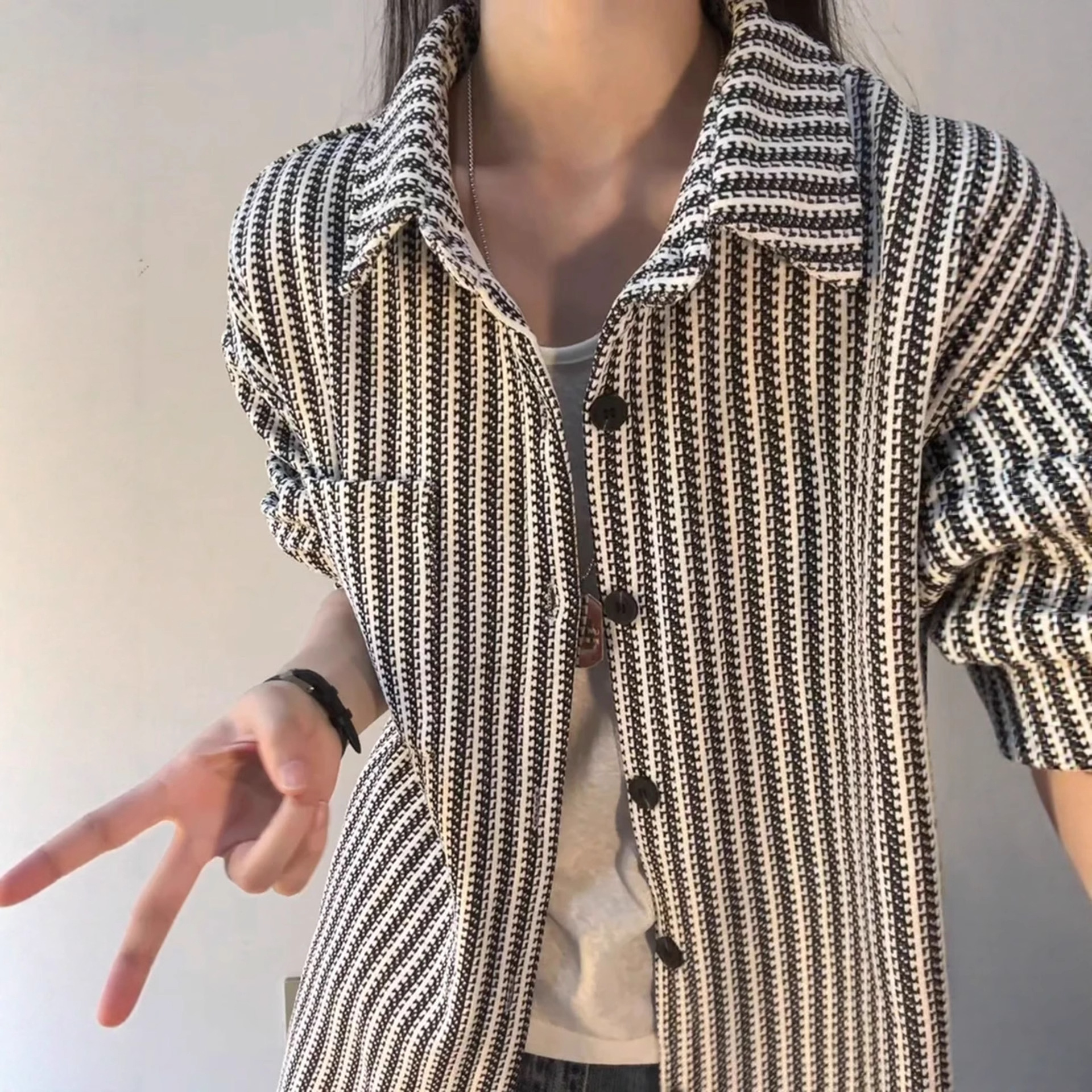 小香风翻领衬衫开衫外搭男女秋季雪尼尔编织重磅条纹衬衣情侣外套