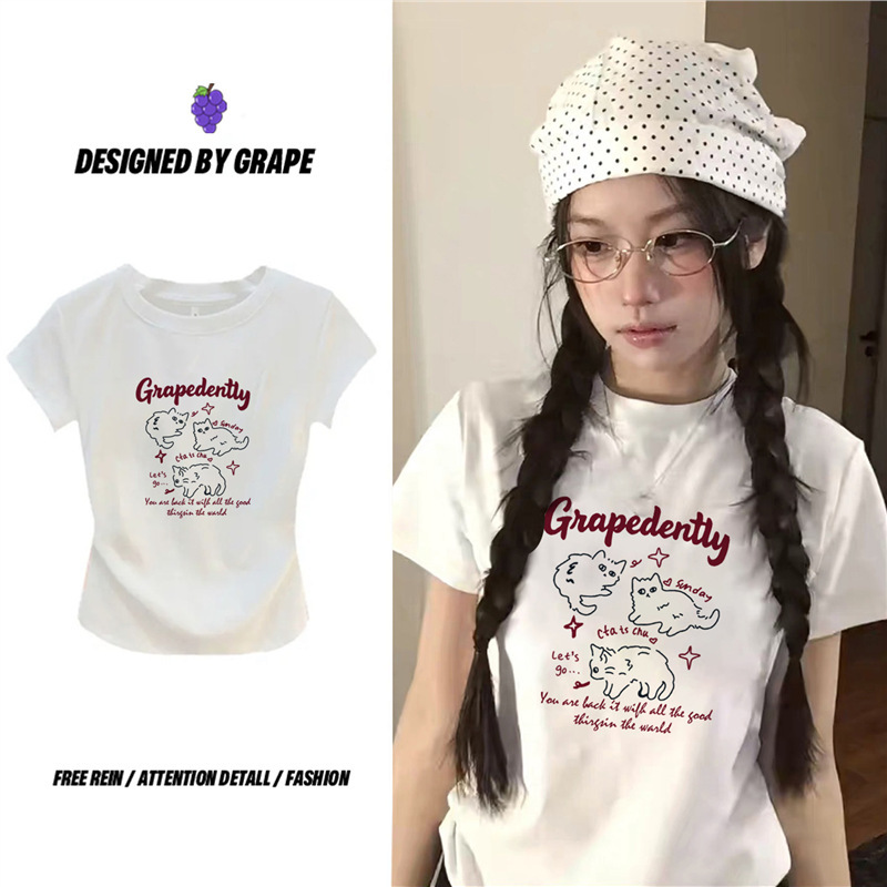 Zm White Sweet and Spicy Cat Print Short-Sleeved T-Shirt for Women, Slim Fit, Round Neck, Cool Silk Cotton, 2026 New Summer Trend Zm White Sweet and Spicy Cat Print Short-Sleeved T-Shirt for Women, Slim Fit, Round Neck, Cool Silk Cotton, 2026 New Summer Trend