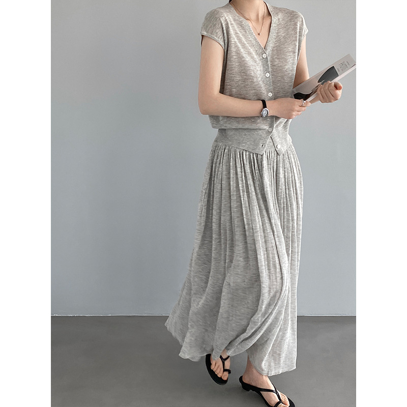 Jiang Chi Lyocell Linen Suit Korean Style Gentle and Elegant V-Neck Top and Skirt Two-Piece Set 202