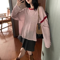 一勺甜 条纹撞色针织衫女2025秋季宽松休闲薄款上衣92117