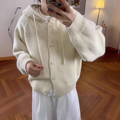 纯色连帽时尚宽松针织衫外套女2025秋冬新款慵懒风单排扣针织上衣