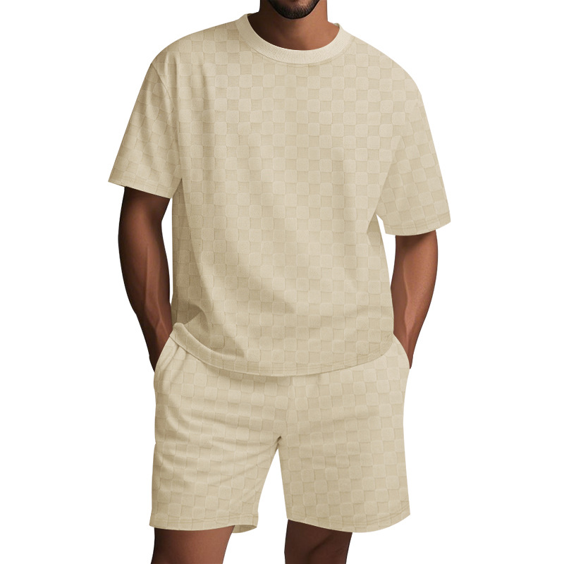 Herren-Sommeranzug, kurzärmelig, lässig, einfarbig, europäisch-amerikanischer Stil, Jacquard-Karomuster_voghion.com