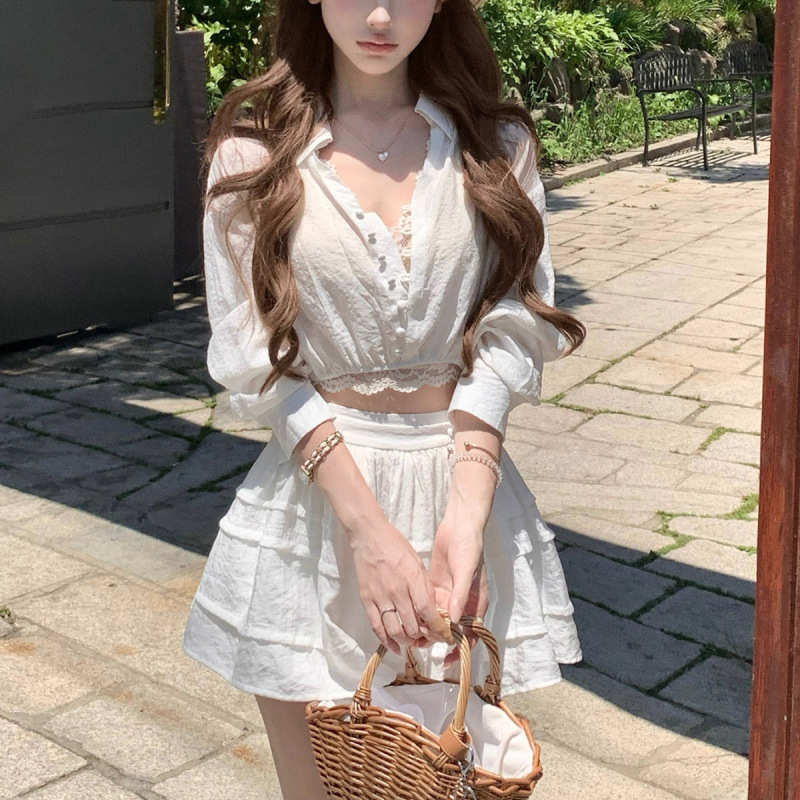 In Stock: Azure Evening Breeze Two-Tone Tencel Sun Protection Shirt with Lace Short Skirt Set and Lace Bra for Autumn Women