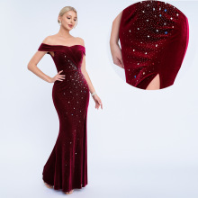 跨境新款缎布修身一字肩长款名媛晚宴礼服鱼尾裙结婚伴娘晚礼服