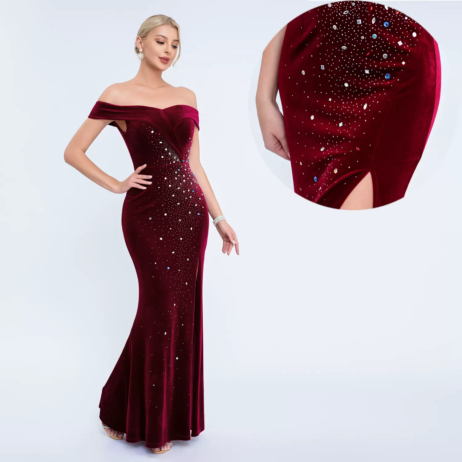 跨境新款缎布修身一字肩长款名媛晚宴礼服鱼尾裙结婚伴娘晚礼服