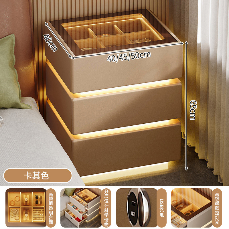 2024 nueva mesita de noche, lujo ligero, vidrio de alta gama con luz, dormitorio principal, precio alto, armario de almacenamiento rojo de Internet