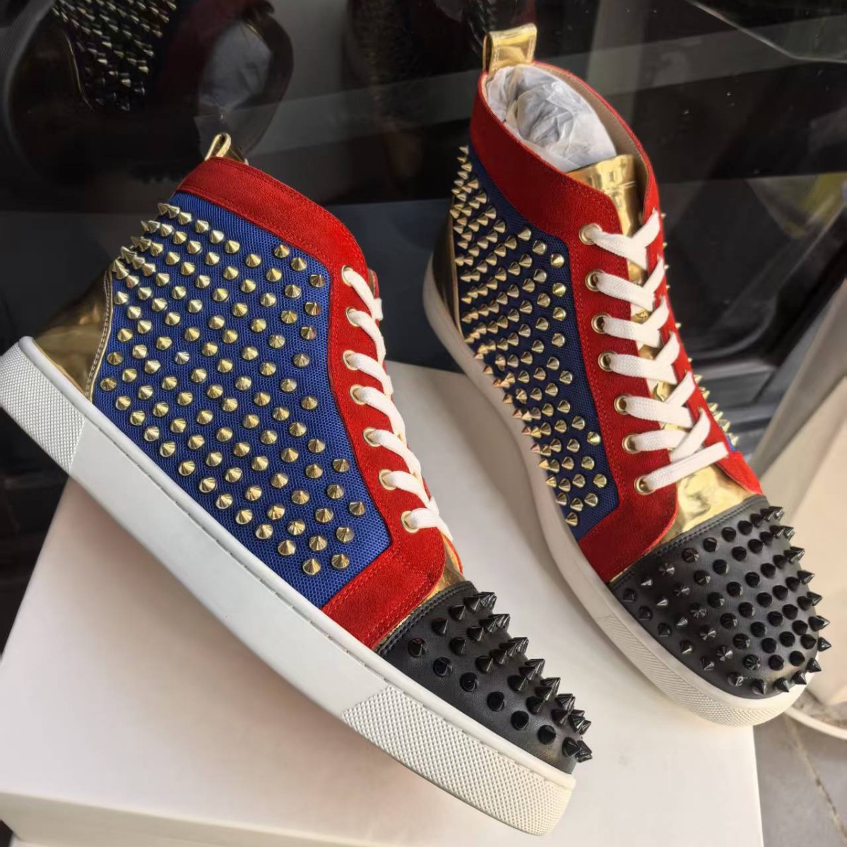 Personalised Studded High-top Sneakers In Red And Blue Leather_voghion.com