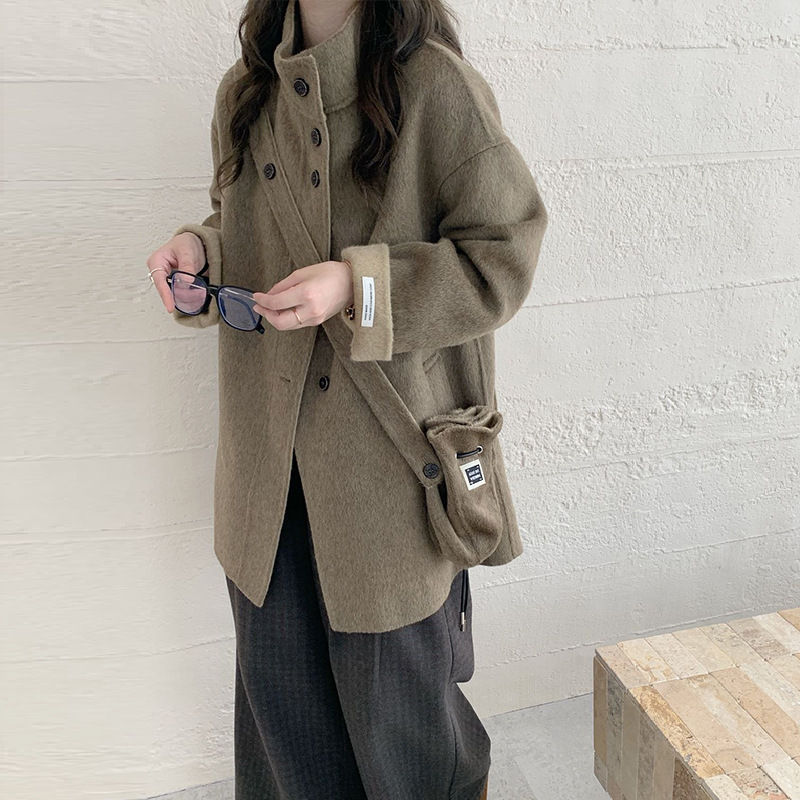 [with Bag] 2026 Autumn and Winter New Design Double-Sided Wool Coat for Women, Korean Style Mid-Length Stand-Up Collar Jacket