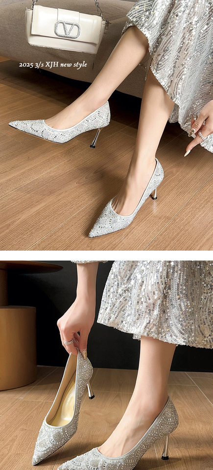 Giày cao gót nữ mũi nhọn gót nhọn đính pha lê, gót 6–8 cm — Màu mơ, Màu xám bạc chi tiết 9