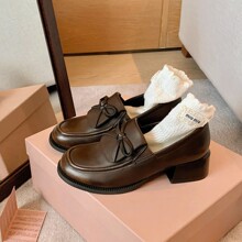 2025秋季新款miu系增高5cm翻盖蝴蝶结懒人粗跟厚底乐福鞋女小皮鞋