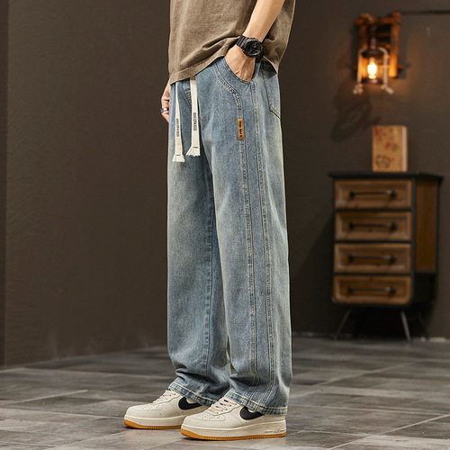 American-style creative spring high-end street slim-fit jeans for men, straight-leg vibe design wide-leg denim