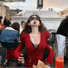 JMSHOP 天菜idol 圣诞跨年~V领针织衫女秋冬内搭两穿显瘦长袖上衣