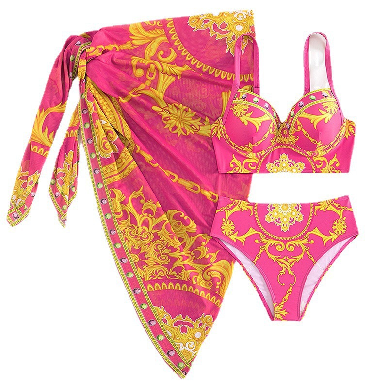 Retro Printed Sexy Bikini Mesh Lace-up Three-piece Swimsuit