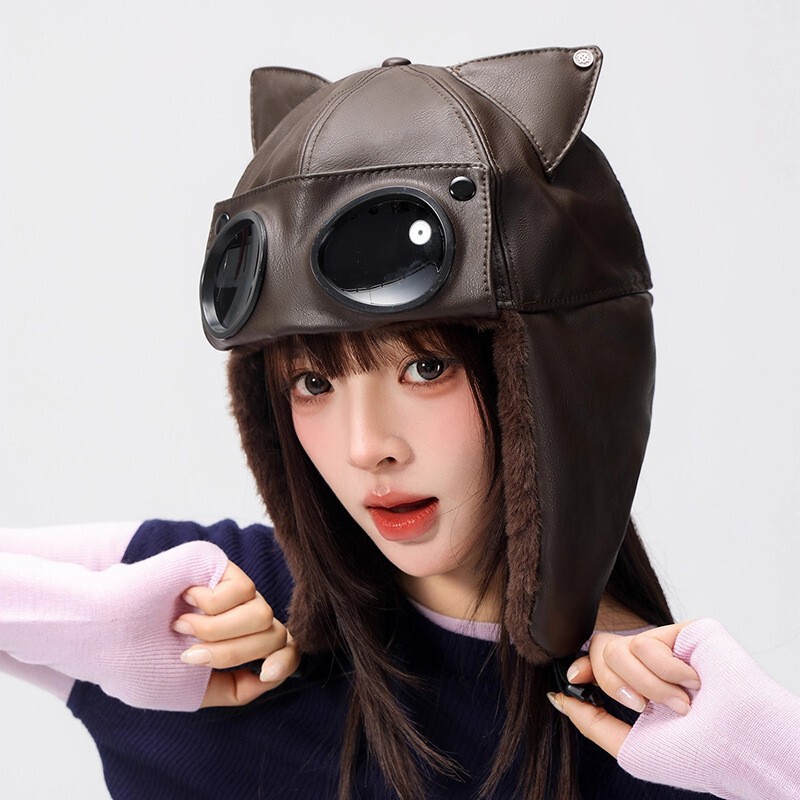 Retro Cat-Eared Leather Aviator Hat for Men and Women, Winter Warm Ear Protection Hat, Outdoor Cycling Windproof Lei Feng Hat Retro Cat-Eared Leather Aviator Hat for Men and Women, Winter Warm Ear Protection Hat, Outdoor Cycling Windproof Lei Feng Hat