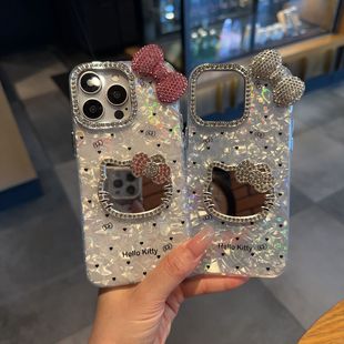 Diamond-Studded Frame Shell Pattern Kt Cat Mirror Case Suitable for Apple 17 Pro Max Phone Case Ip15 New Model 14/13