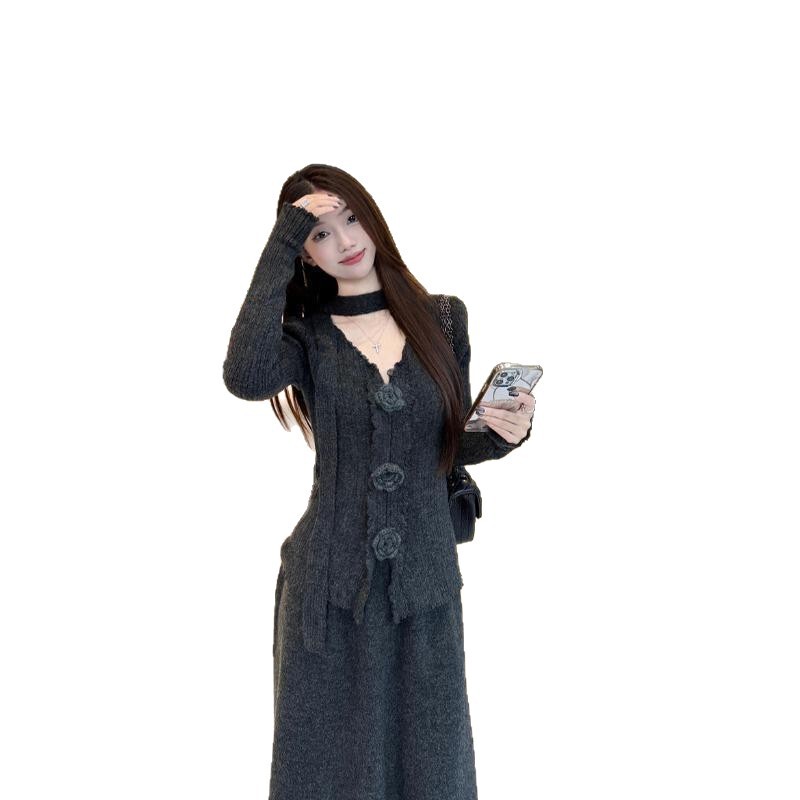 深灰色立体花朵飘带显瘦针织上衣高腰半身长裙女2025春秋时尚套装|undefined