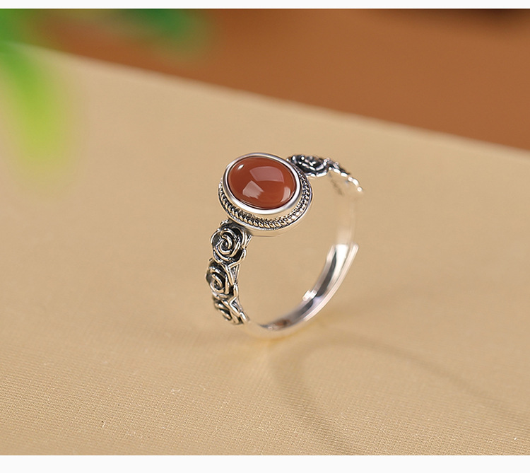 Nhẫn bạc S925 đính đá jasper đỏ cổ điển họa tiết hoa hồng mặt trứng — Mẫu đỏ nam chi tiết 4