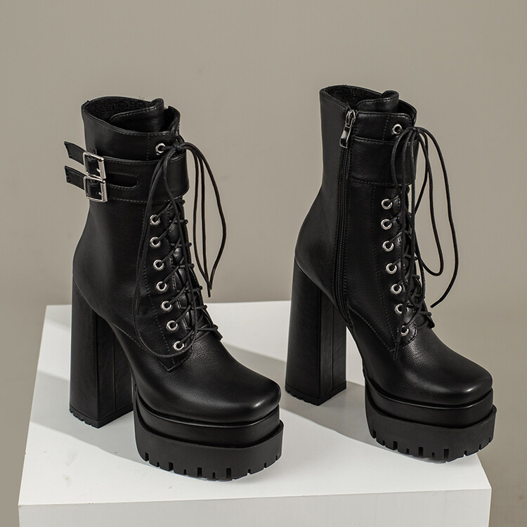 New European and American punk style double water platform square head lace-up short leg women's plus-size fashion boots_voghion.com