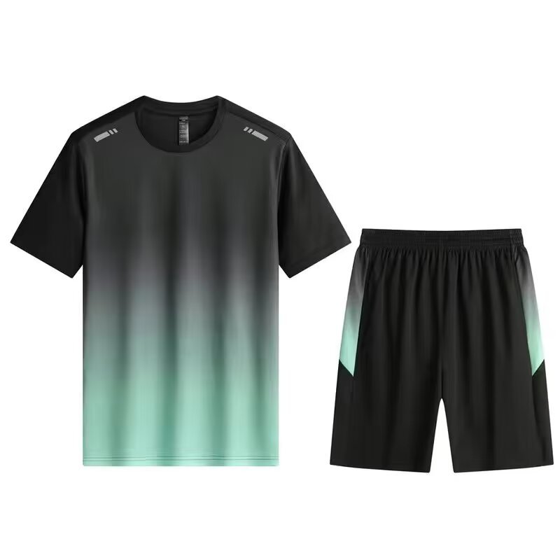 Fashionable Summer Ice Silk Gradient Quick-Drying Two-Piece Short-Sleeved Shorts Running Suit Men's Sports Suit Men's Short-Sleeved