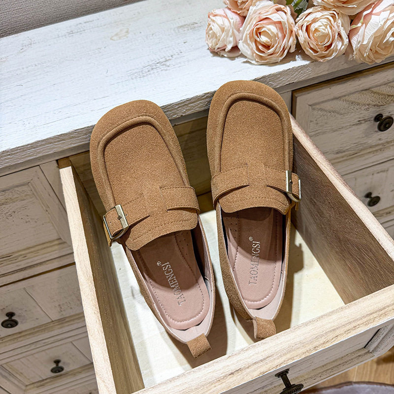 Giày lười nữ da lộn mũi tròn tăng chiều cao 5 cm phong cách Hàn Quốc — Khaki (toàn dải), Màu mơ (toàn dải), nâu sẫm