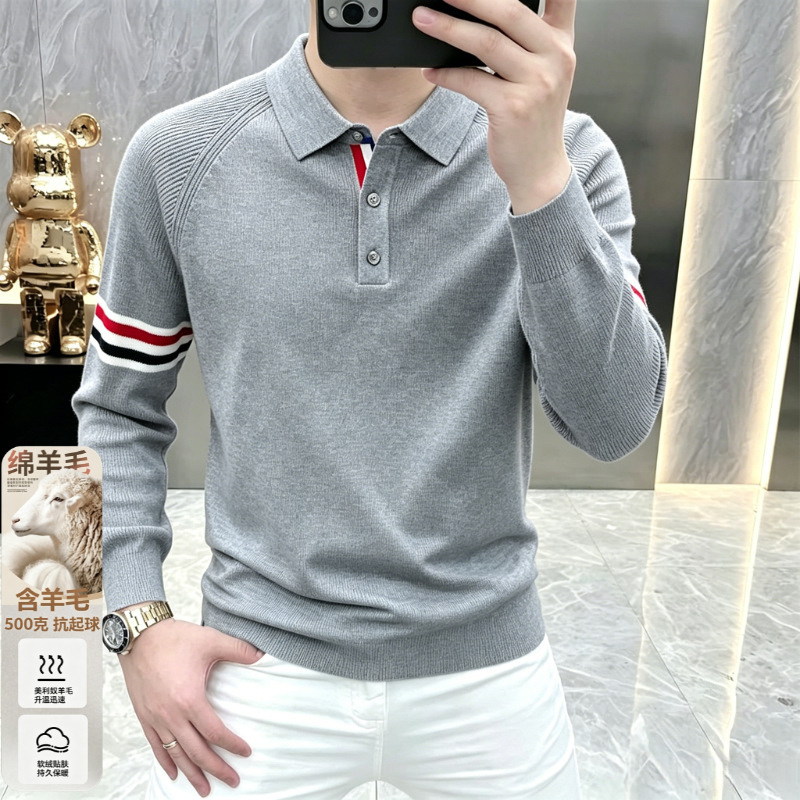 Tb Fashion Striped Autumn and Winter New Sweater Men's Turn-Down Collar Thick Long-Sleeve Casual Versatile Slim-Fit Wool Sweater for Men Tb Fashion Striped Autumn and Winter New Sweater Men's Turn-Down Collar Thick Long-Sleeve Casual Versatile Slim-Fit Wool Sweater for Men
