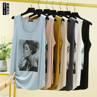 欧美风时尚印花宽松加肥大码中长款背心ins潮可外穿洋气无袖小衫