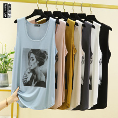 歐美風時尚印花寬鬆加肥大碼中長款背心ins潮可外穿洋氣無袖小衫