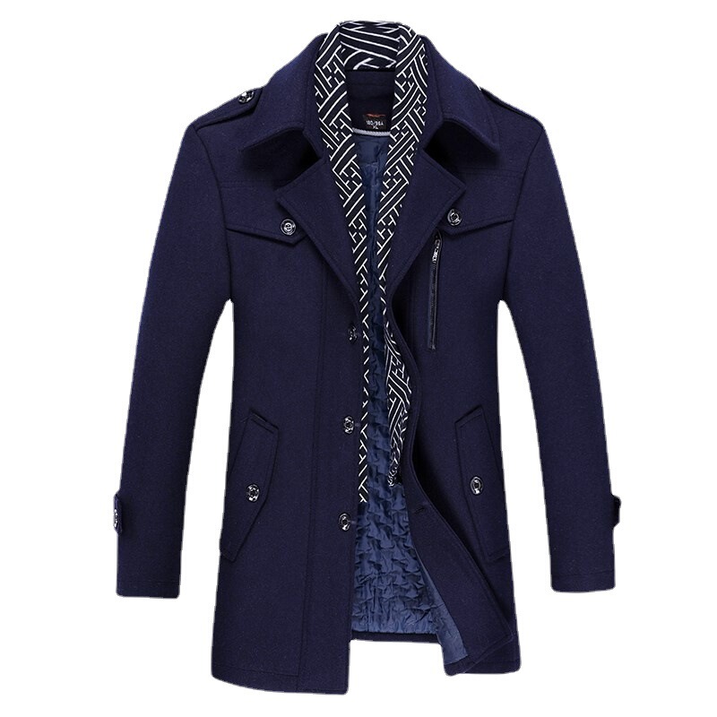 Cross-border Men's Woolen Coat Mid-length Scarf Collar Cotton Thickened Coat Woolen Jacket Men's Coat